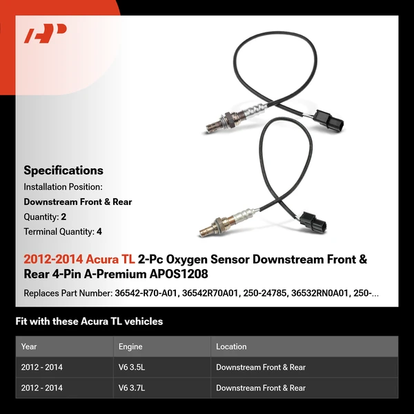 2012-2014 Acura TL 2-Pc Oxygen Sensor Downstream Front & Rear 4-Pin A-Premium APOS1208