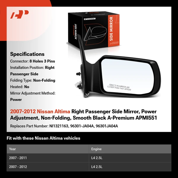 2007-2012 Nissan Altima Right Passenger Side Mirror, Power Adjustment, Non-Folding, Smooth Black A-Premium APMI551