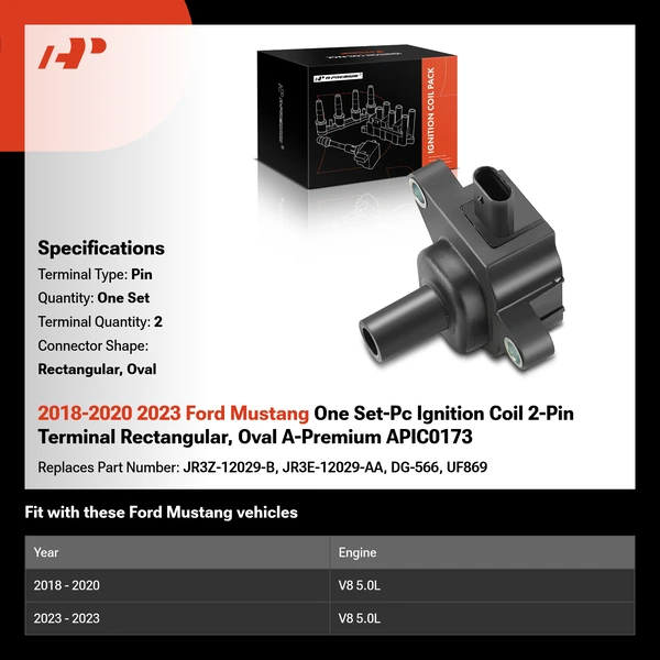 2018-2020 2023 Ford Mustang One Set-Pc Ignition Coil 2-Pin Terminal Rectangular, Oval A-Premium APIC0173
