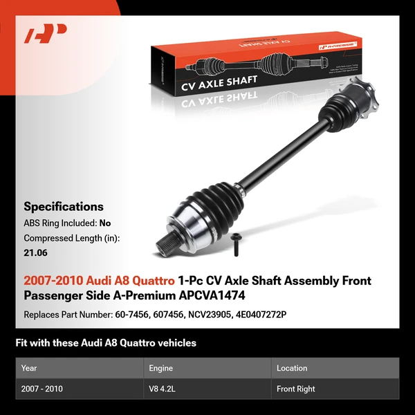 2007-2010 Audi A8 Quattro 1-Pc CV Axle Shaft Assembly Front Passenger Side A-Premium APCVA1474