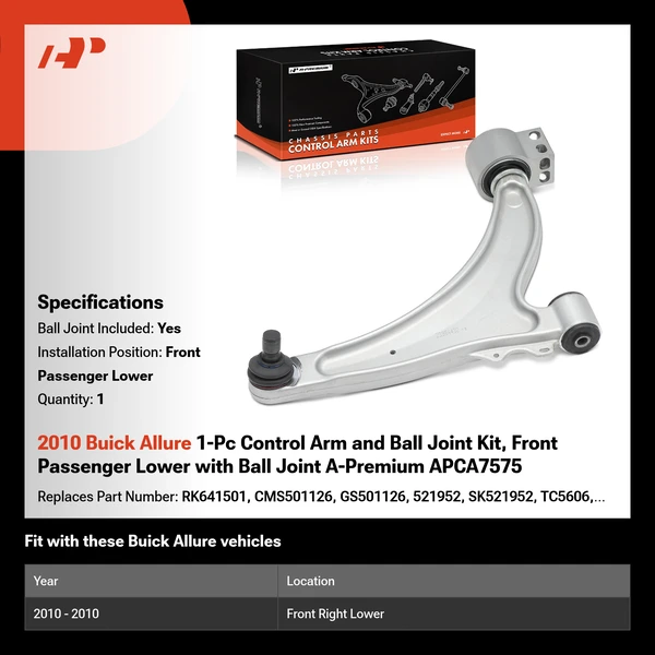 2010 Buick Allure 1-Pc Control Arm and Ball Joint Kit, Front Passenger Lower with Ball Joint A-Premium APCA7575