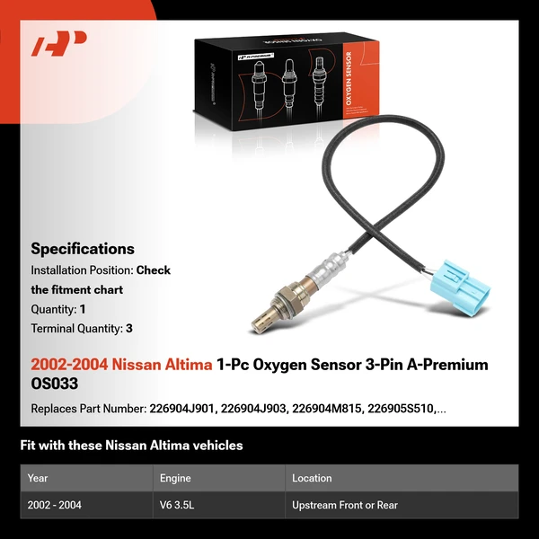 2002-2004 Nissan Altima 1-Pc Oxygen Sensor 3-Pin A-Premium OS033