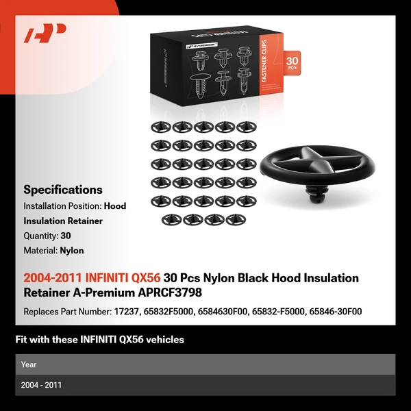 2004-2011 INFINITI QX56 30 Pcs Nylon Black Hood Insulation Retainer A-Premium APRCF3798