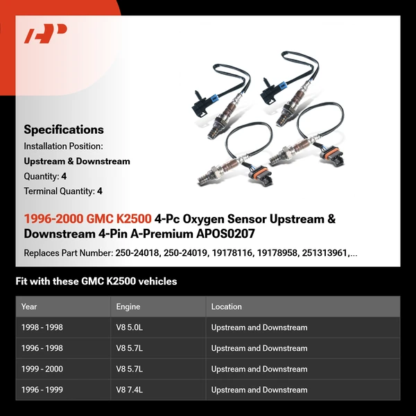 1996-2000 GMC K2500 4-Pc Oxygen Sensor Upstream & Downstream 4-Pin A-Premium APOS0207