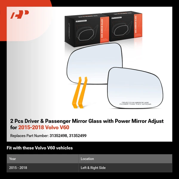 2 Pcs Driver & Passenger Mirror Glass with Power Mirror Adjust for 2015-2018 Volvo V60