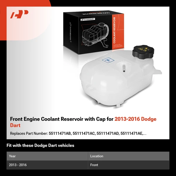 Front Engine Coolant Reservoir with Cap for 2013-2016 Dodge Dart