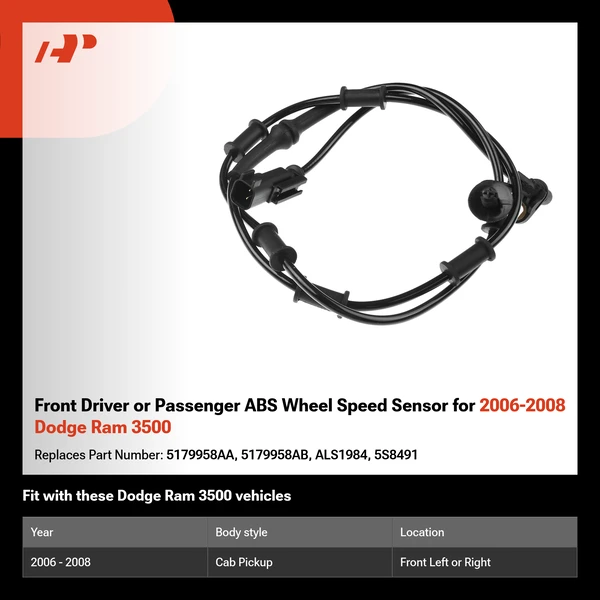 Front Driver or Passenger ABS Wheel Speed Sensor for 2006-2008 Dodge Ram 3500