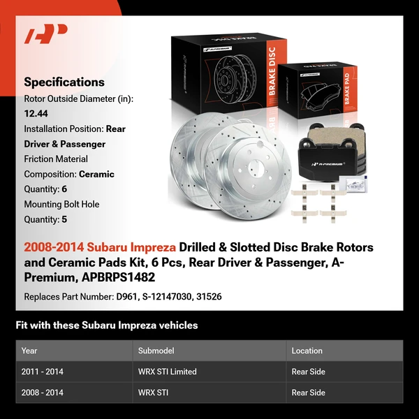 2008-2014 Subaru Impreza Drilled & Slotted Disc Brake Rotors and Ceramic Pads Kit, 6 Pcs, Rear Driver & Passenger, A-Premium, APBRPS1482