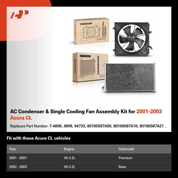 AC Condenser & Single Cooling Fan Assembly Kit for 2001-2003 Acura CL