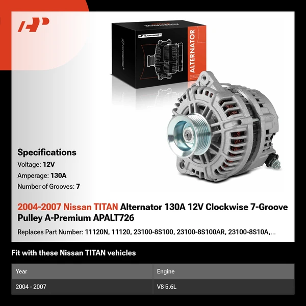 2004-2007 Nissan TITAN Alternator 130A 12V Clockwise 7-Groove Pulley A-Premium APALT726