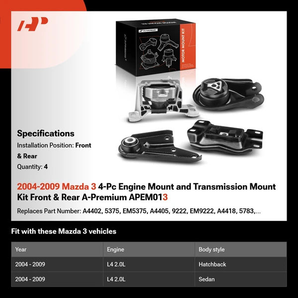 2004-2009 Mazda 3 4-Pc Engine Mount and Transmission Mount Kit Front & Rear A-Premium APEM013