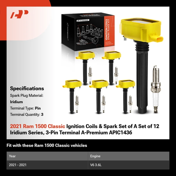2021 Ram 1500 Classic Ignition Coils & Spark Set of 12 Iridium Series, 3-Pin Terminal A-Premium APIC1436