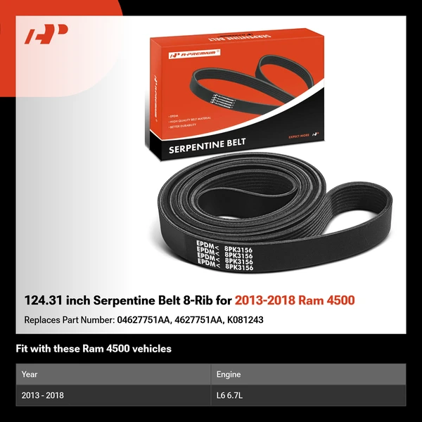124.31 inch Serpentine Belt 8-Rib for 2013-2018 Ram 4500