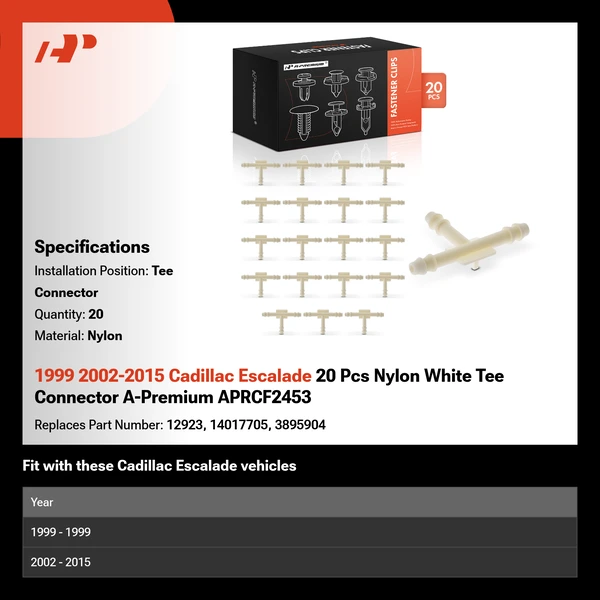 1999 2002-2015 Cadillac Escalade 20 Pcs Nylon White Tee Connector A-Premium APRCF2453