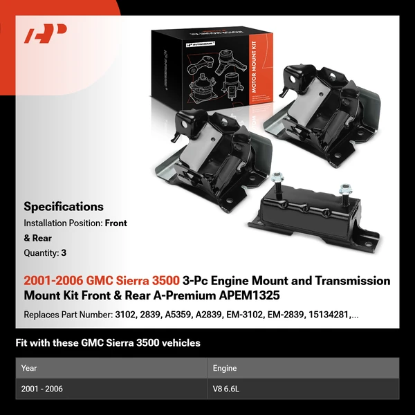 2001-2006 GMC Sierra 3500 3-Pc Engine Mount and Transmission Mount Kit Front & Rear A-Premium APEM1325