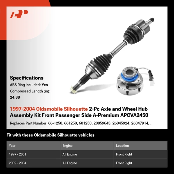 1997-2004 Oldsmobile Silhouette 2-Pc Axle and Wheel Hub Assembly Kit Front Passenger Side A-Premium APCVA2450