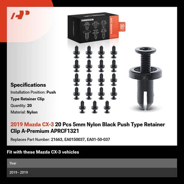 2019 Mazda CX-3 20 Pcs 5mm Nylon Black Push Type Retainer Clip A-Premium APRCF1321