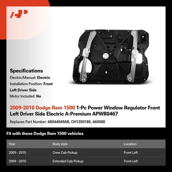 2009-2010 Dodge Ram 1500 1-Pc Power Window Regulator Front Left Driver Side Electric A-Premium APWR0467