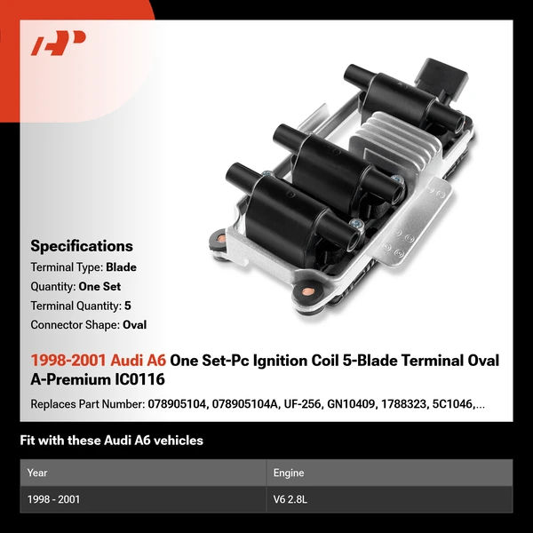 1998-2001 Audi A6 One Set-Pc Ignition Coil 5-Blade Terminal Oval A-Premium IC0116