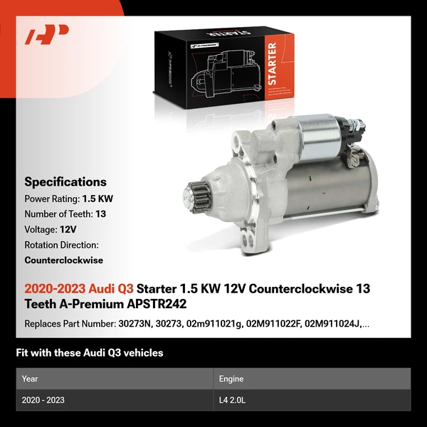 2020-2023 Audi Q3 Starter 1.5 KW 12V Counterclockwise 13 Teeth A-Premium APSTR242