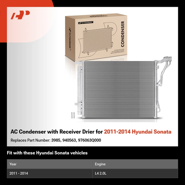 AC Condenser with Receiver Drier for 2011-2014 Hyundai Sonata