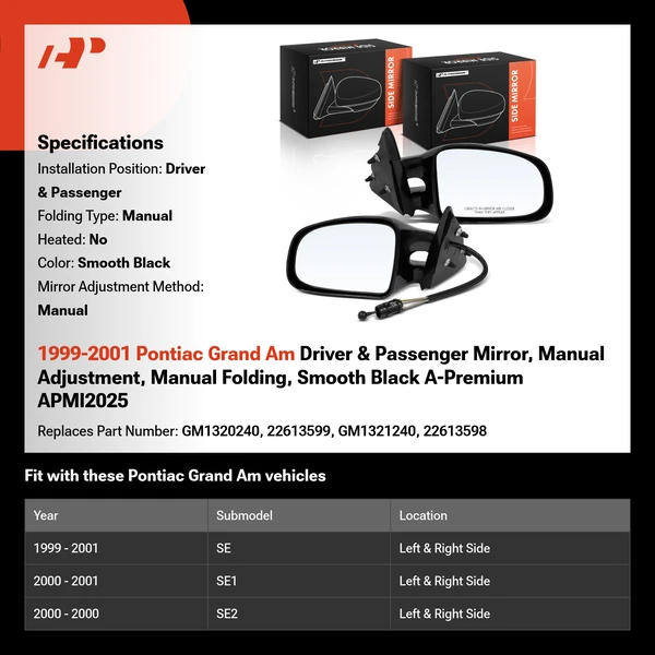 1999-2001 Pontiac Grand Am Driver & Passenger Mirror, Manual Adjustment, Manual Folding, Smooth Black A-Premium APMI2025