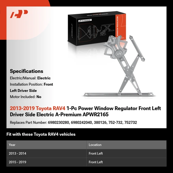2013-2019 Toyota RAV4 1-Pc Power Window Regulator Front Left Driver Side Electric A-Premium APWR2165