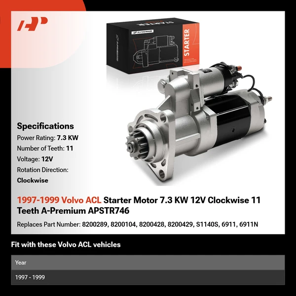 1997-1999 Volvo ACL Starter Motor 7.3 KW 12V Clockwise 11 Teeth A-Premium APSTR746