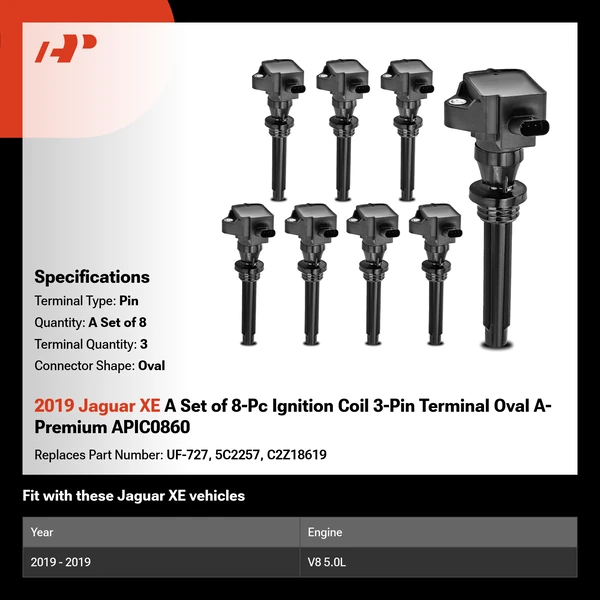 2019 Jaguar XE A Set of 8-Pc Ignition Coil 3-Pin Terminal Oval A-Premium APIC0860