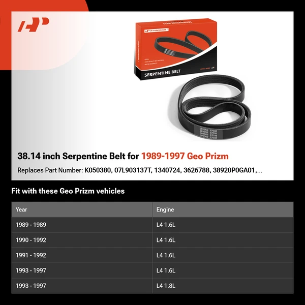38.14 inch Serpentine Belt for 1989-1997 Geo Prizm