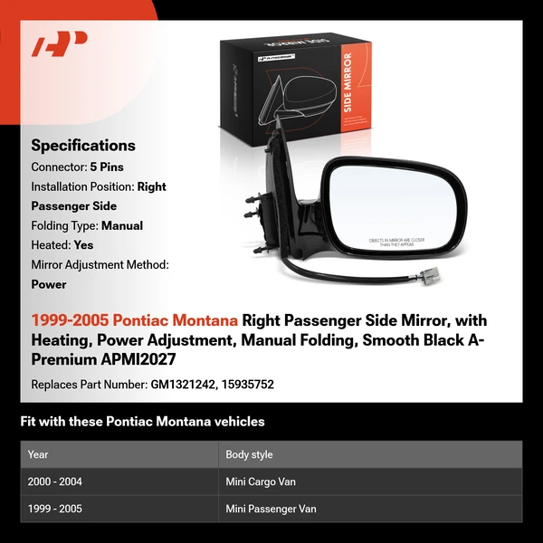 1999-2005 Pontiac Montana Right Passenger Side Mirror, with Heating, Power Adjustment, Manual Folding, Smooth Black A-Premium APMI2027