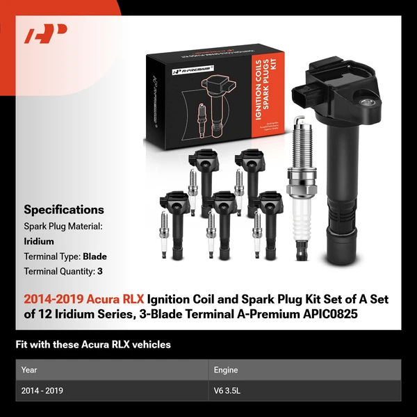 2014-2019 Acura RLX Ignition Coil and Spark Plug Kit Set of A Set of 12 Iridium Series, 3-Blade Terminal A-Premium APIC0825
