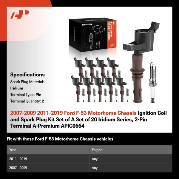 2007-2009 2011-2019 Ford F-53 Motorhome Chassis Ignition Coil and Spark Plug Kit Set of A Set of 20 Iridium Series, 2-Pin Terminal A-Premium APIC0664