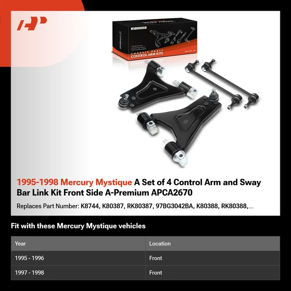 1995-1998 Mercury Mystique A Set of 4 Control Arm and Sway Bar Link Kit Front Side A-Premium APCA2670