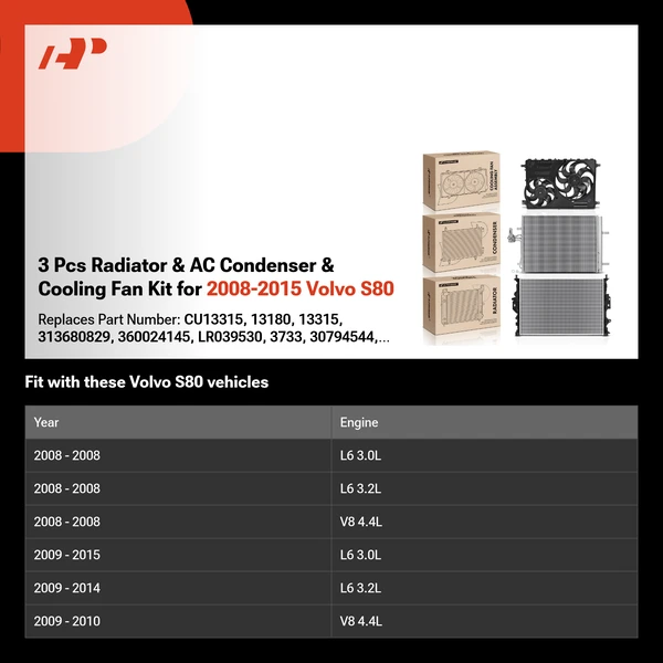 3 Pcs Radiator & AC Condenser & Cooling Fan Kit for 2008-2015 Volvo S80