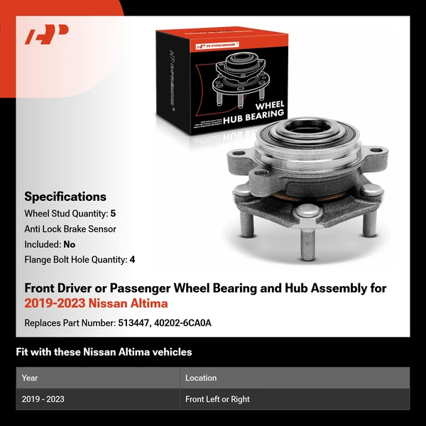 Front Driver or Passenger Wheel Bearing and Hub Assembly for 2019-2023 Nissan Altima