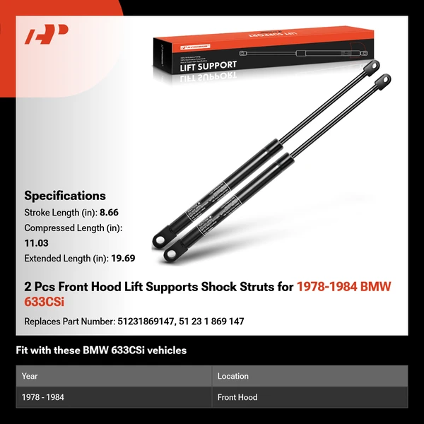2 Pcs Front Hood Lift Supports Shock Struts for 1978-1984 BMW 633CSi