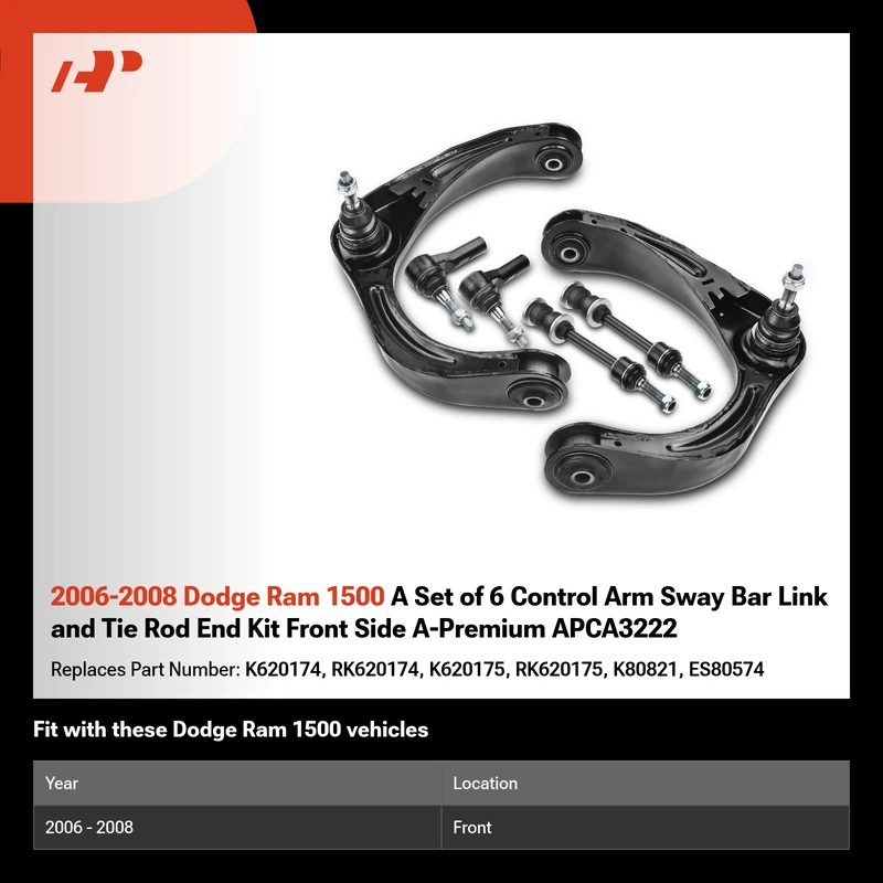2006-2008 Dodge Ram 1500 A Set of 6 Control Arm Sway Bar Link and Tie Rod End Kit Front Side A-Premium APCA3222