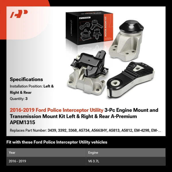 2016-2019 Ford Police Interceptor Utility 3-Pc Engine Mount and Transmission Mount Kit Left & Right & Rear A-Premium APEM1315