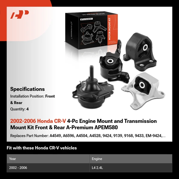 2002-2006 Honda CR-V 4-Pc Engine Mount and Transmission Mount Kit Front & Rear A-Premium APEM580