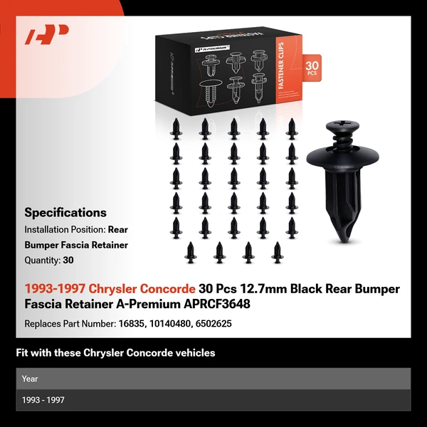1993-1997 Chrysler Concorde 30 Pcs 12.7mm Black Rear Bumper Fascia Retainer A-Premium APRCF3648