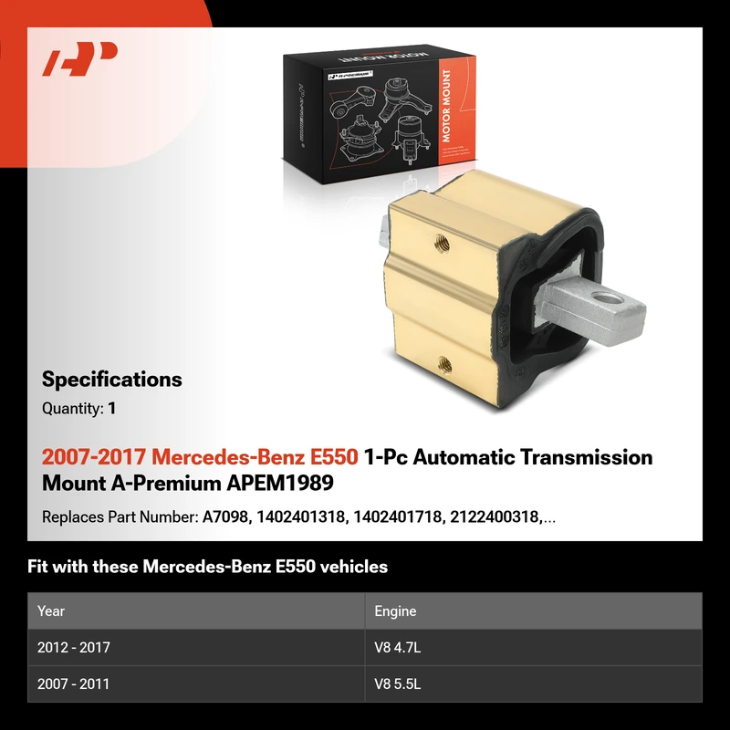 2007-2017 Mercedes-Benz E550 1-Pc Automatic Transmission Mount A-Premium APEM1989
