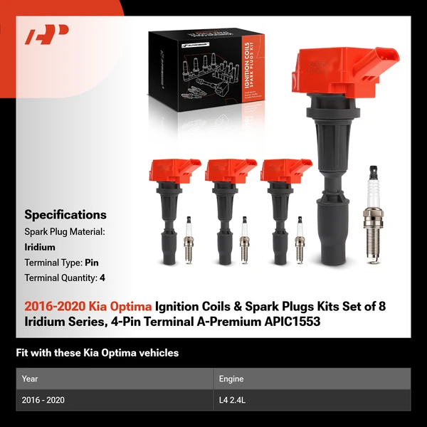 2016-2020 Kia Optima Ignition Coils & Spark Plugs Kits Set of 8 Iridium Series, 4-Pin Terminal A-Premium APIC1553