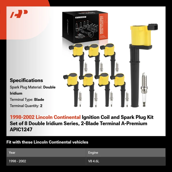 1998-2002 Lincoln Continental Ignition Coil and Spark Plug Kit Set of 8 Double Iridium Series, 2-Blade Terminal A-Premium APIC1247