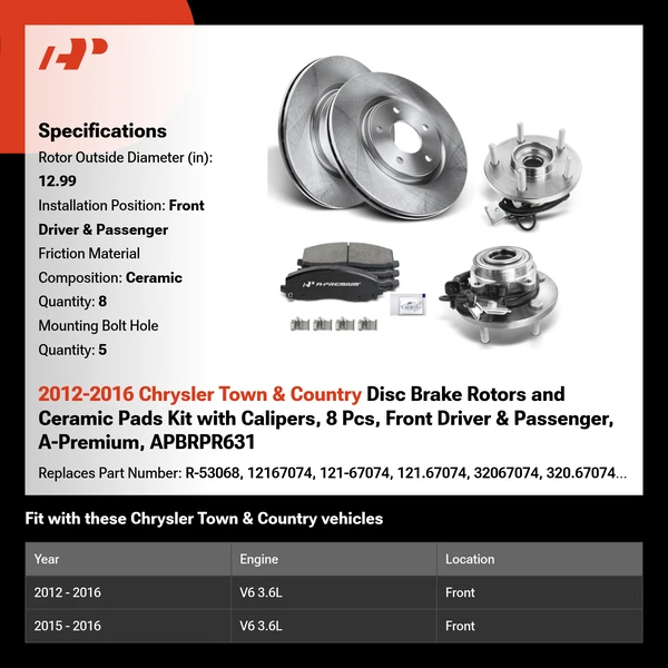 2012-2016 Chrysler Town & Country Disc Brake Rotors and Ceramic Pads Kit with Calipers, 8 Pcs, Front Driver & Passenger, A-Premium, APBRPR631