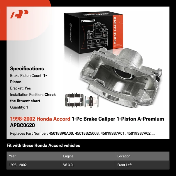 1998-2002 Honda Accord 1-Pc Brake Caliper 1-Piston A-Premium APBC0620