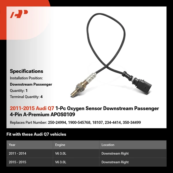2011-2015 Audi Q7 1-Pc Oxygen Sensor Downstream Passenger 4-Pin A-Premium APOS0109