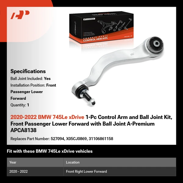 2020-2022 BMW 745Le xDrive 1-Pc Control Arm and Ball Joint Kit, Front Passenger Lower Forward with Ball Joint A-Premium APCA8138