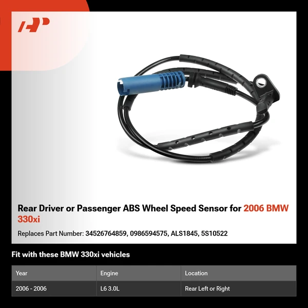 Rear Driver or Passenger ABS Wheel Speed Sensor for 2006 BMW 330xi