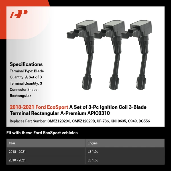 2018-2021 Ford EcoSport A Set of 3-Pc Ignition Coil 3-Blade Terminal Rectangular A-Premium APIC0310